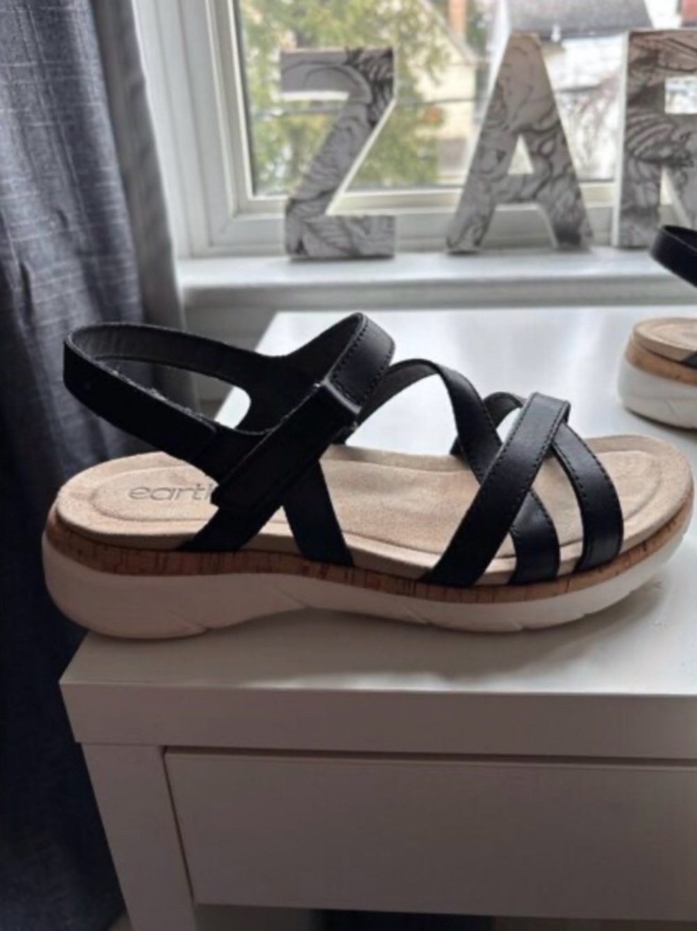 Earth Black Strappy Comfort Sandals with Cork-Trim Midsole